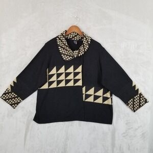 Roni Rabl‎ Cardigan Women S/M Black Beige Geometric Boxy Cowl Neck Lagenlook Art
